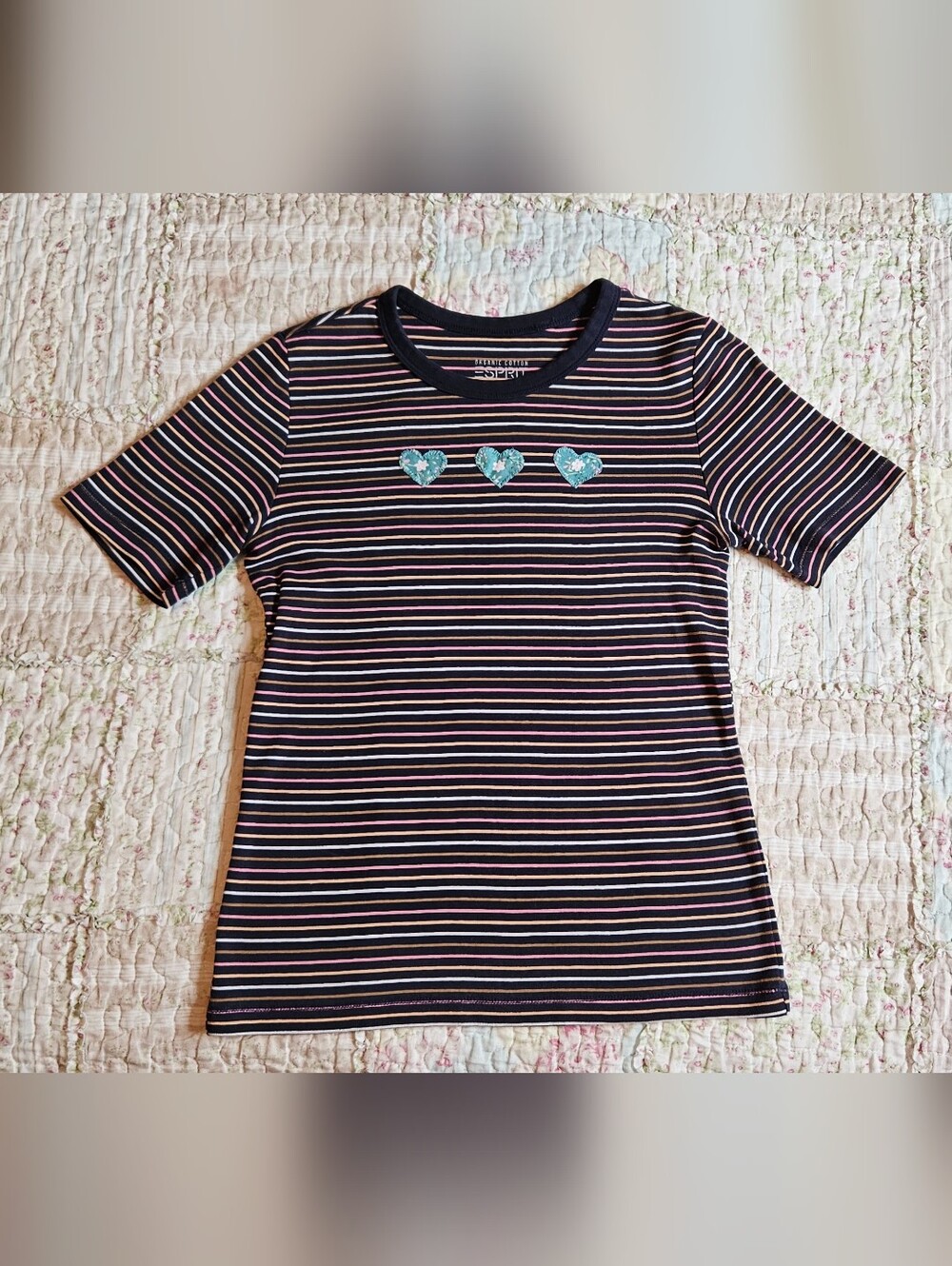 Esprit Upcycled Striped Heart Tee - Navy & Pink